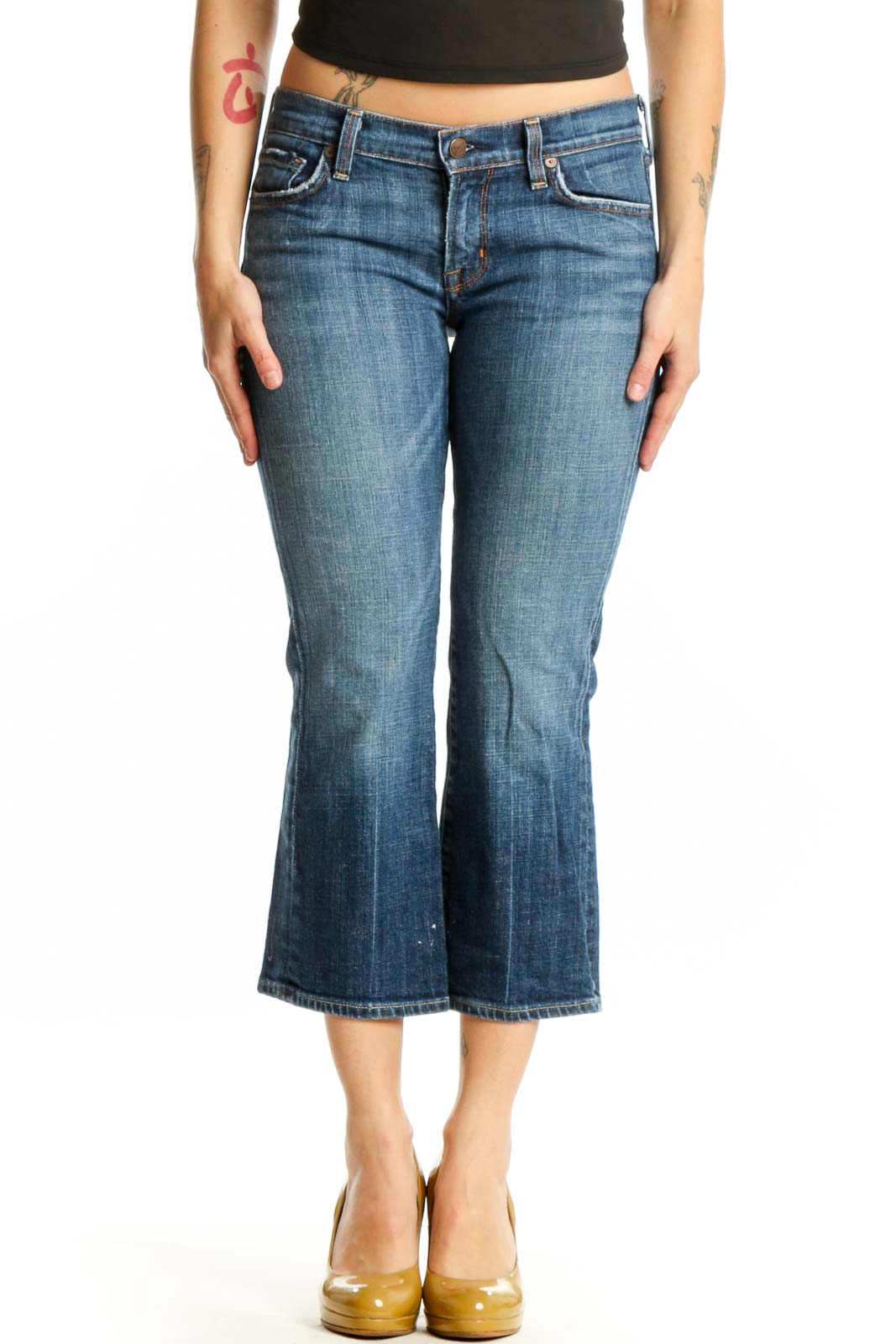 Blue Denim Cropped Flare Jeans Front
