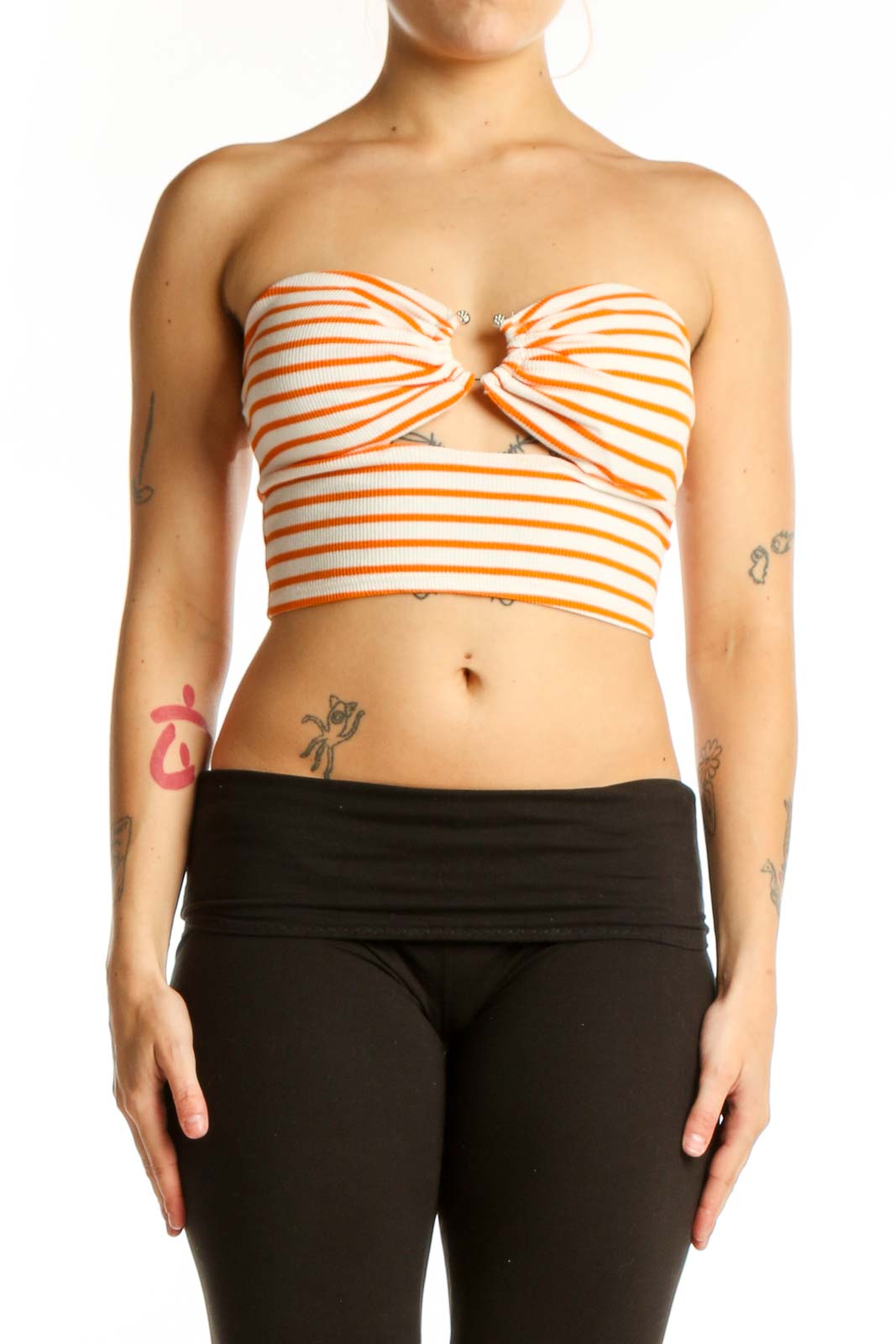 Orange Striped Strapless Crop Top Front