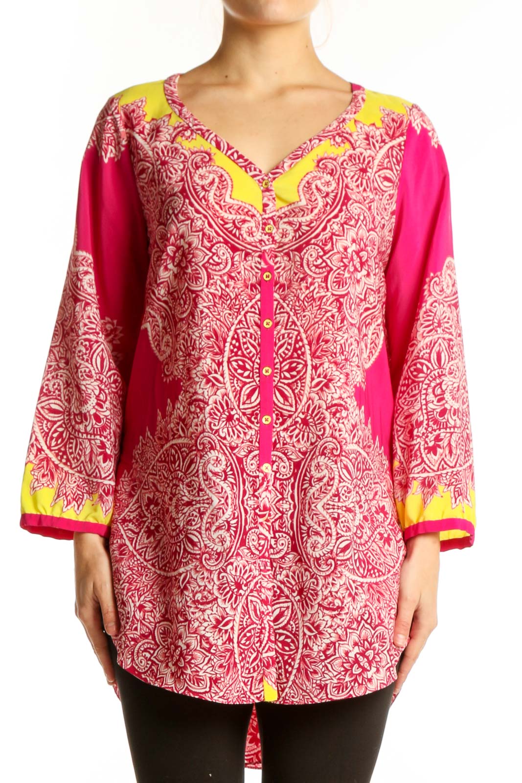 Pink Ornate Paisley Button-Up Tunic Top Front