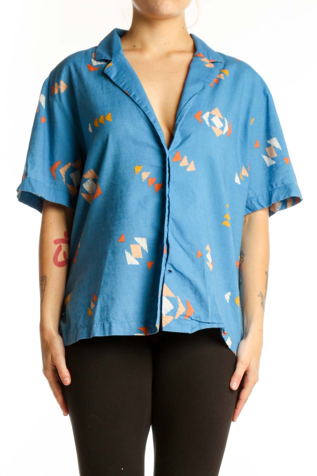 Blue Abstract Print Cotton Button-Up Shirt Front