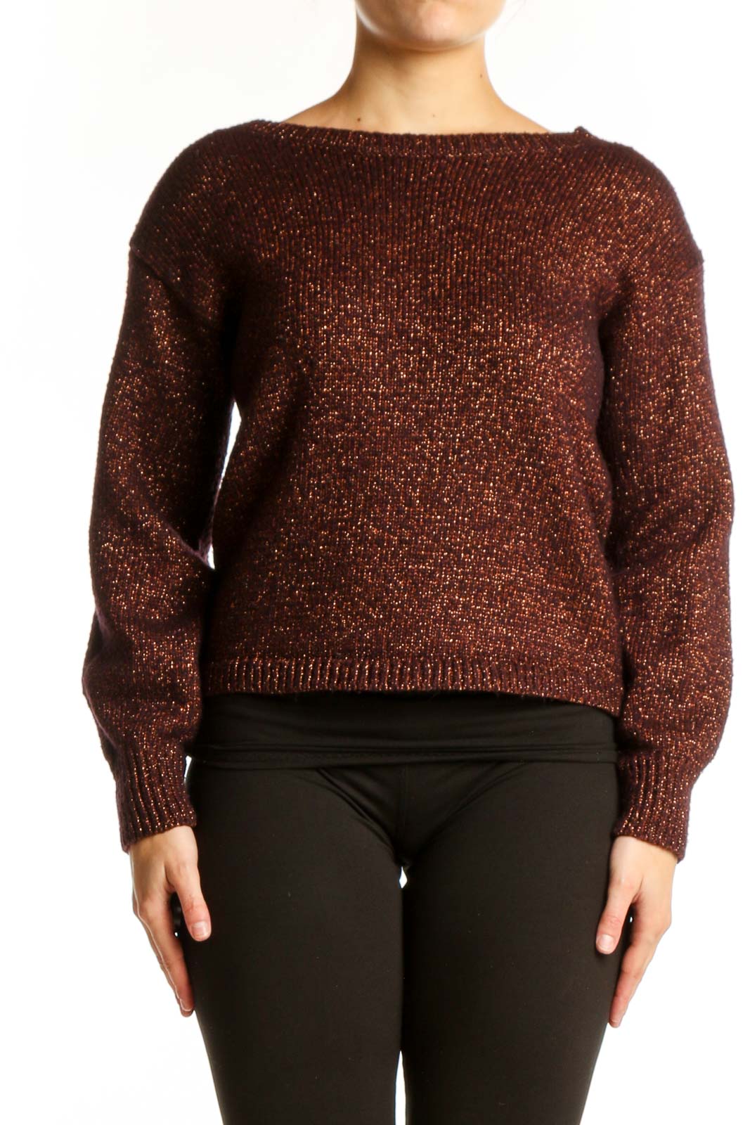 Burgundy Metallic Knit Pullover Sweater Front