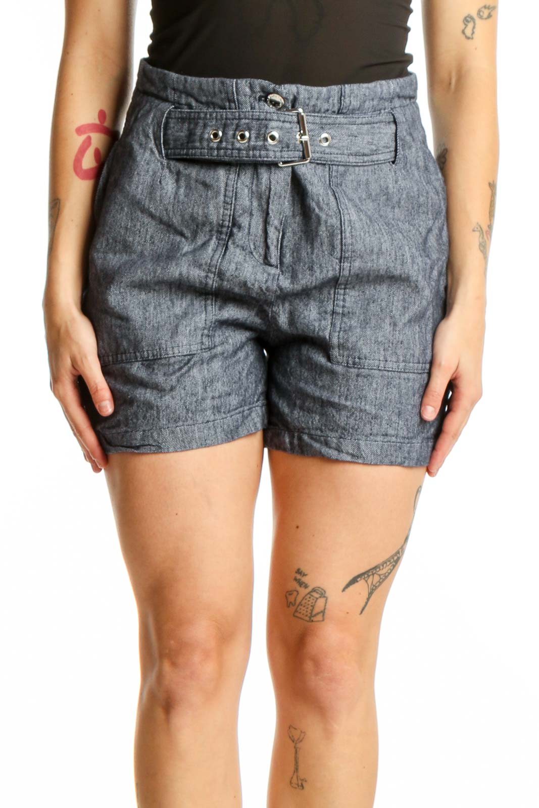 Blue Denim Shorts with Belt Detail Front