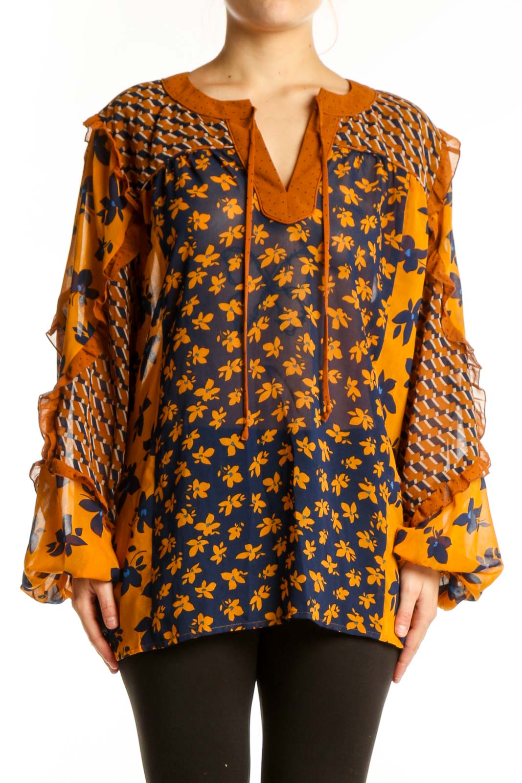 Navy Orange Floral Patterned Blouse Front