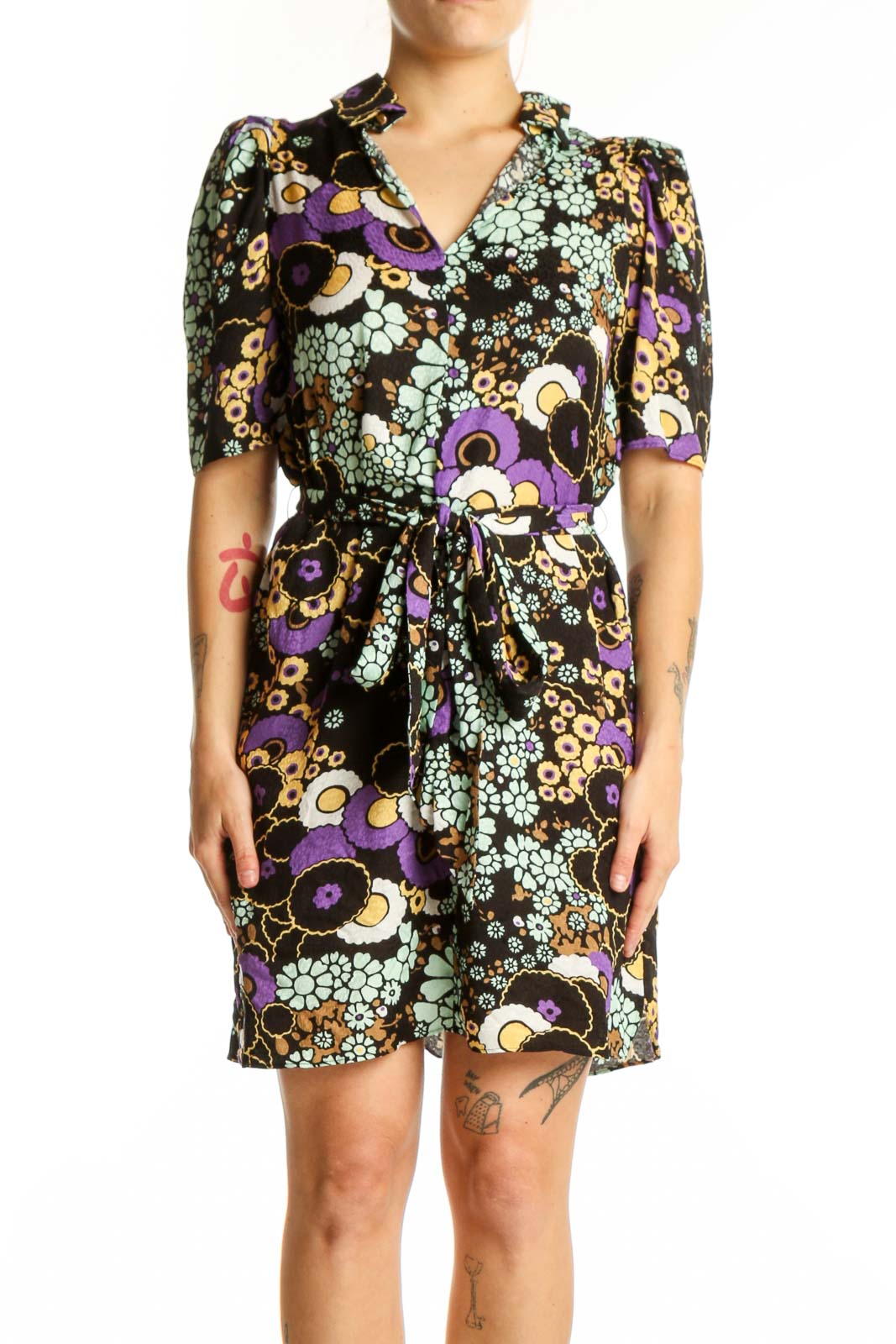 Black Floral Wrap Dress with Puff Sleeves Front