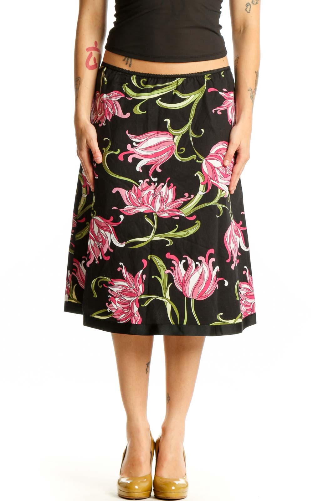 Black Floral A-Line Midi Skirt Front