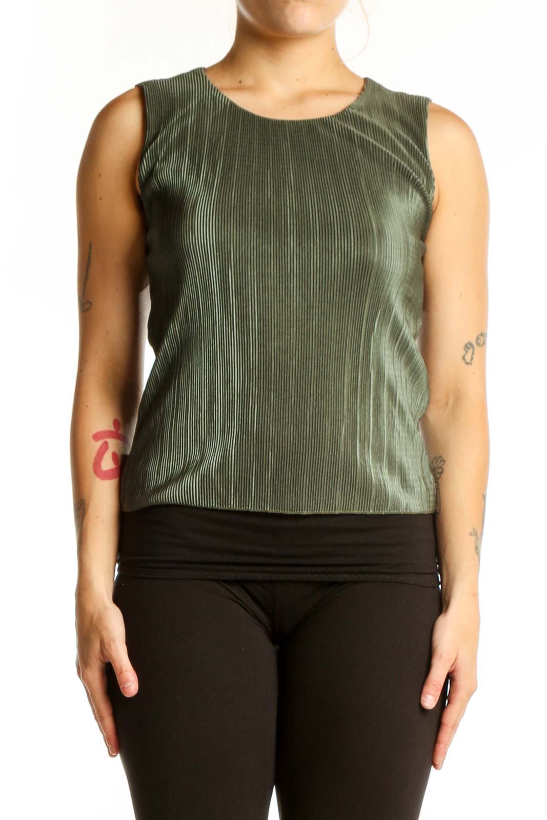 Green Ribbed Sleeveless Tank Top Front