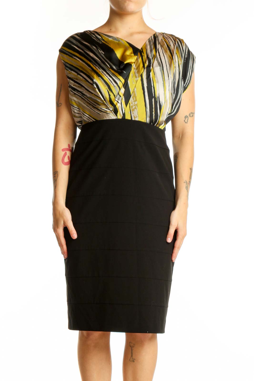 Black and Gold Striped Wrap Dress Front