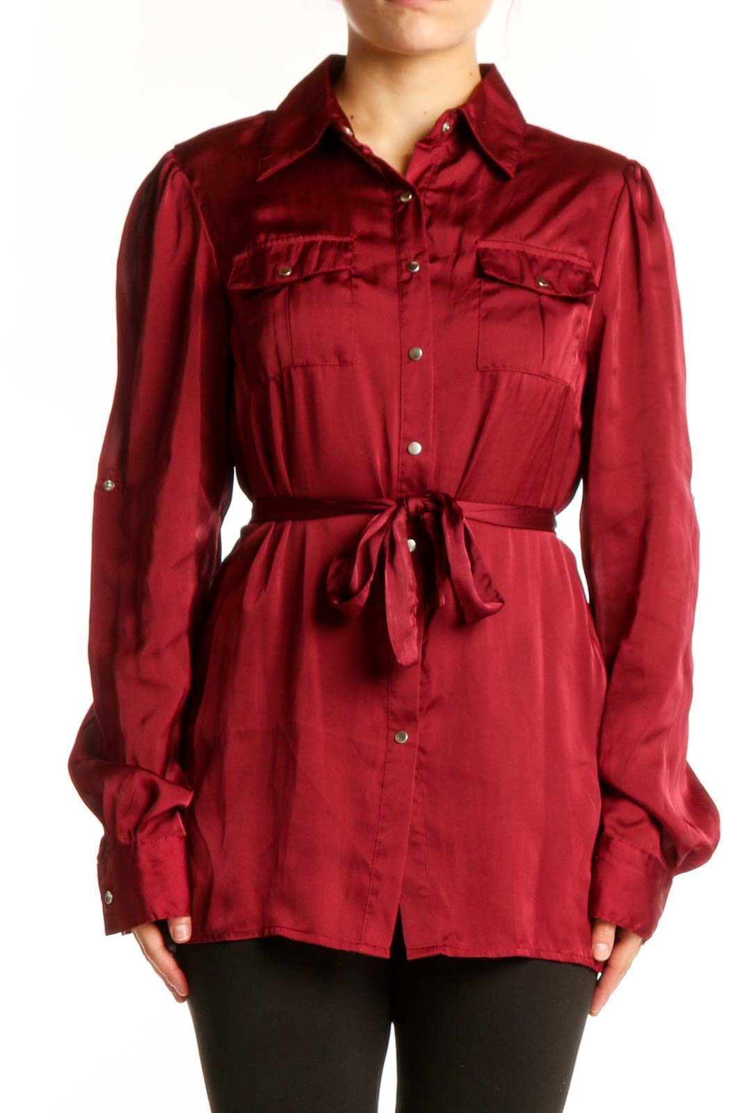 Burgundy Button-Up Shirt with Tie Waist Front