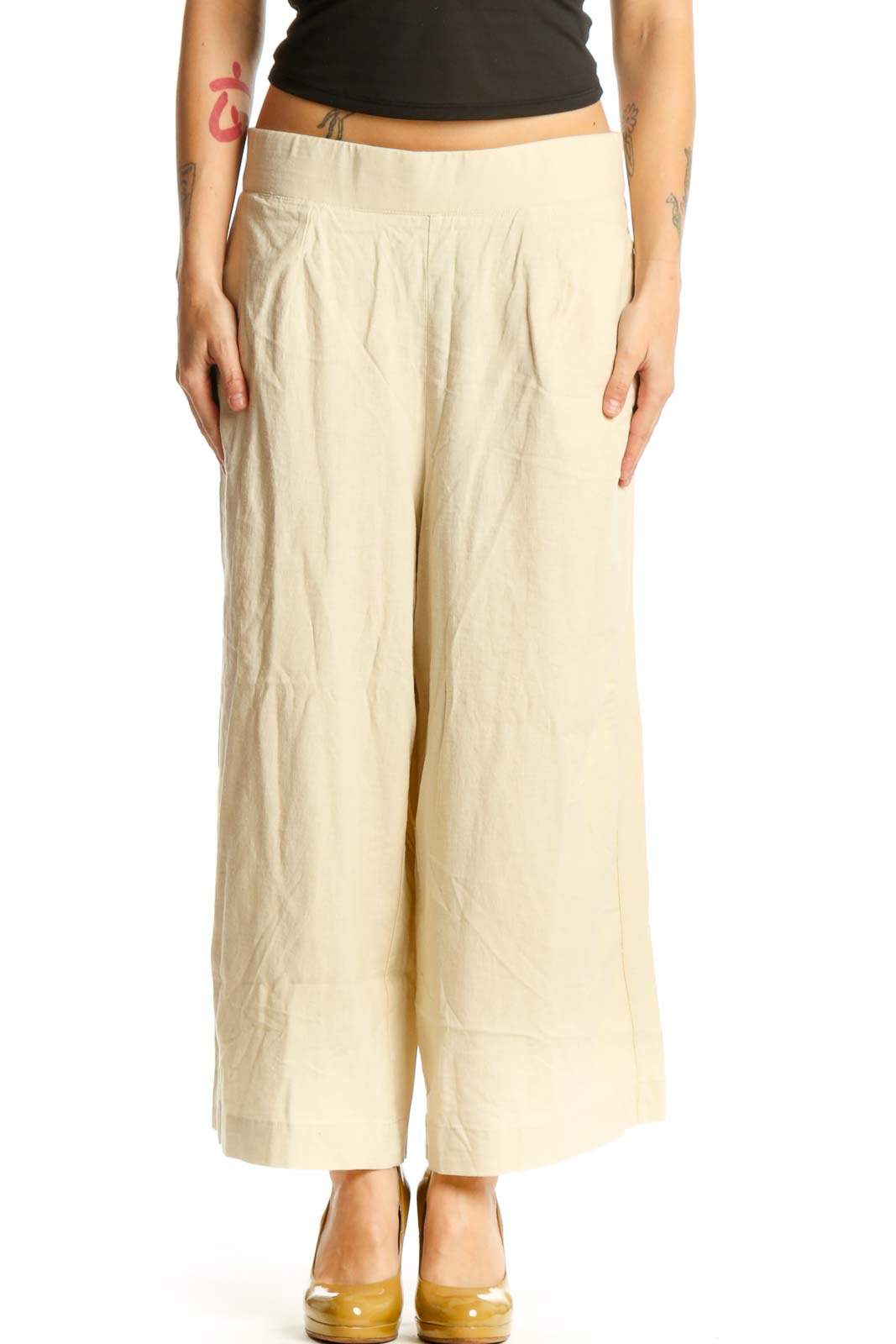 Cream Linen Wide Leg Cropped Pants Front