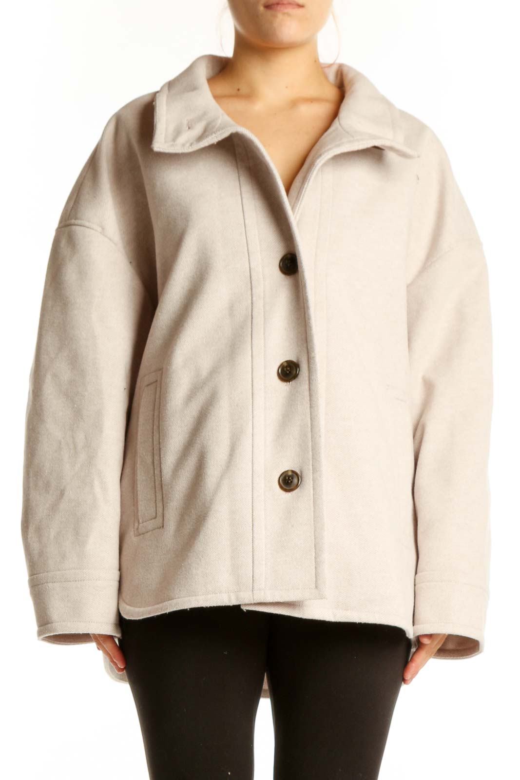Cream Polyester Button-Up Jacket Coat Front