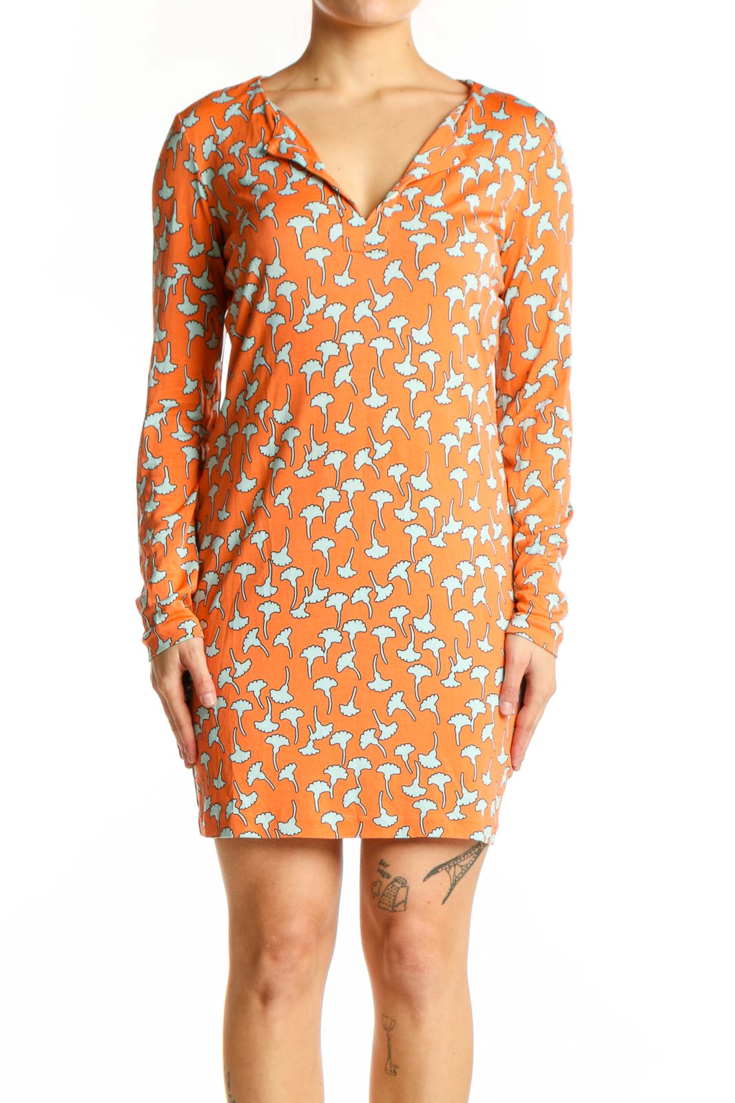 Orange Floral Silk Wrap Dress Front