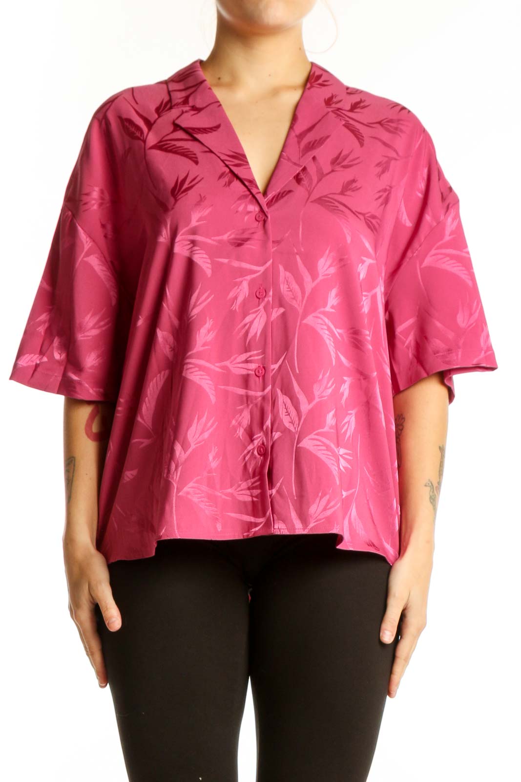 Pink Floral Ruffle Button-Up Blouse Front