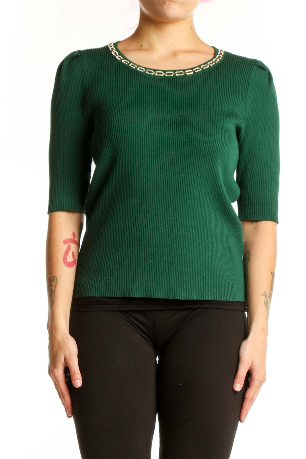 Green Ribbed Knit Top with Chain Neckline Front