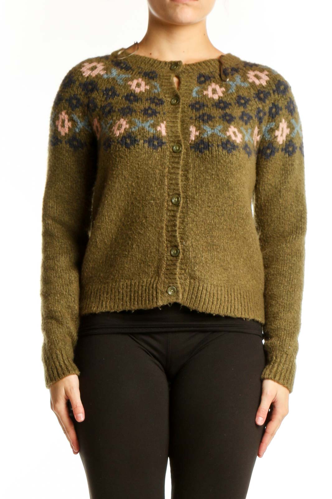Olive Fair Isle Cardigan Sweater Front