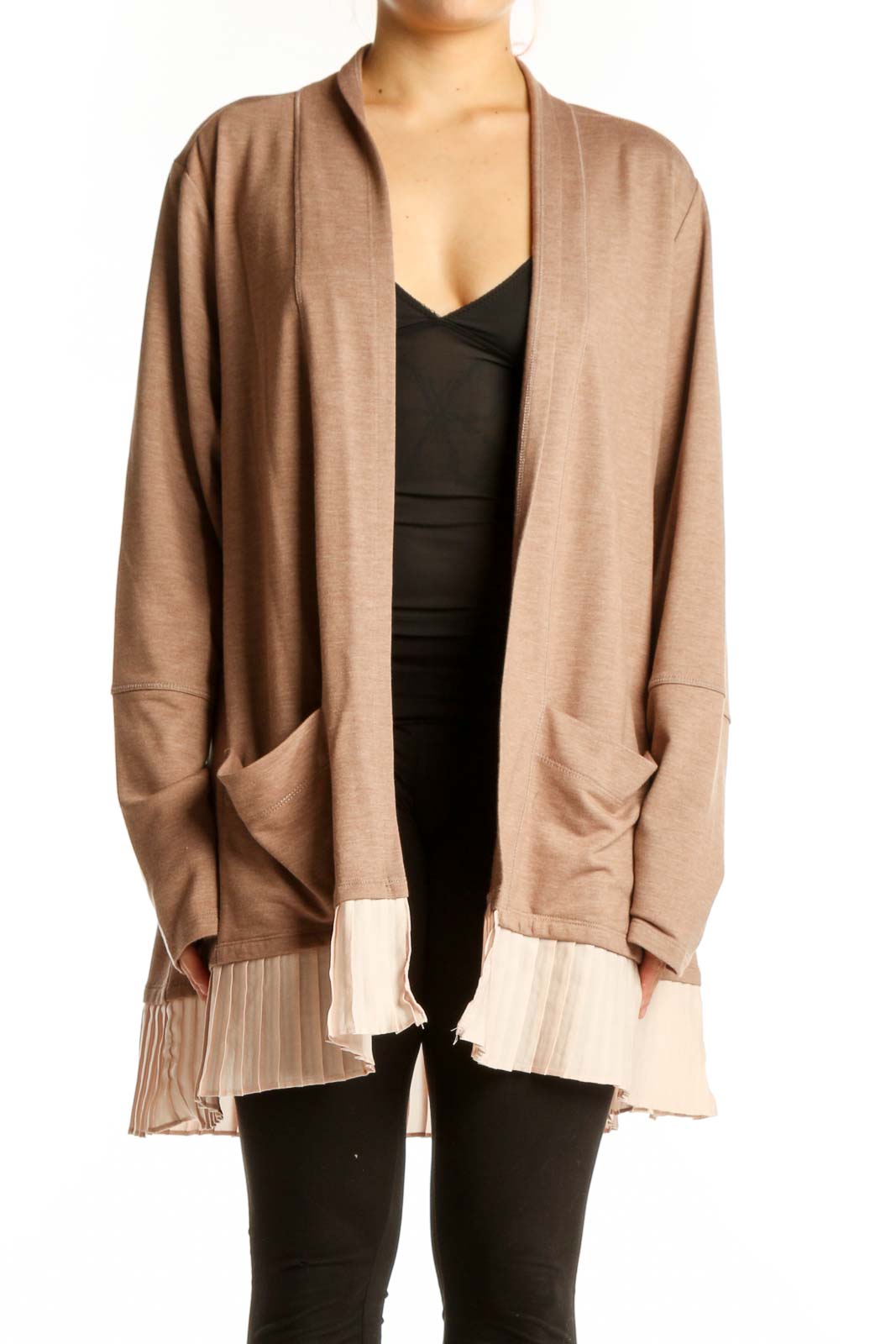 Beige Open Front Cardigan with Pleated Hem Front