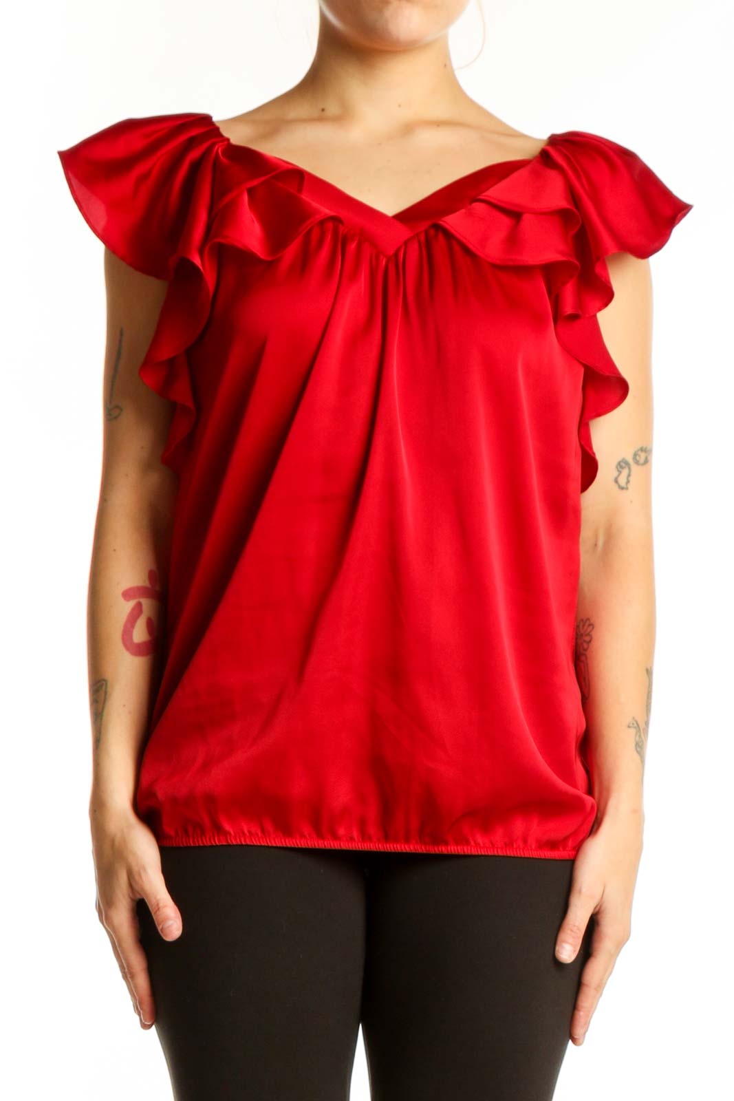 Red Ruffle Off-Shoulder Blouse Top Front