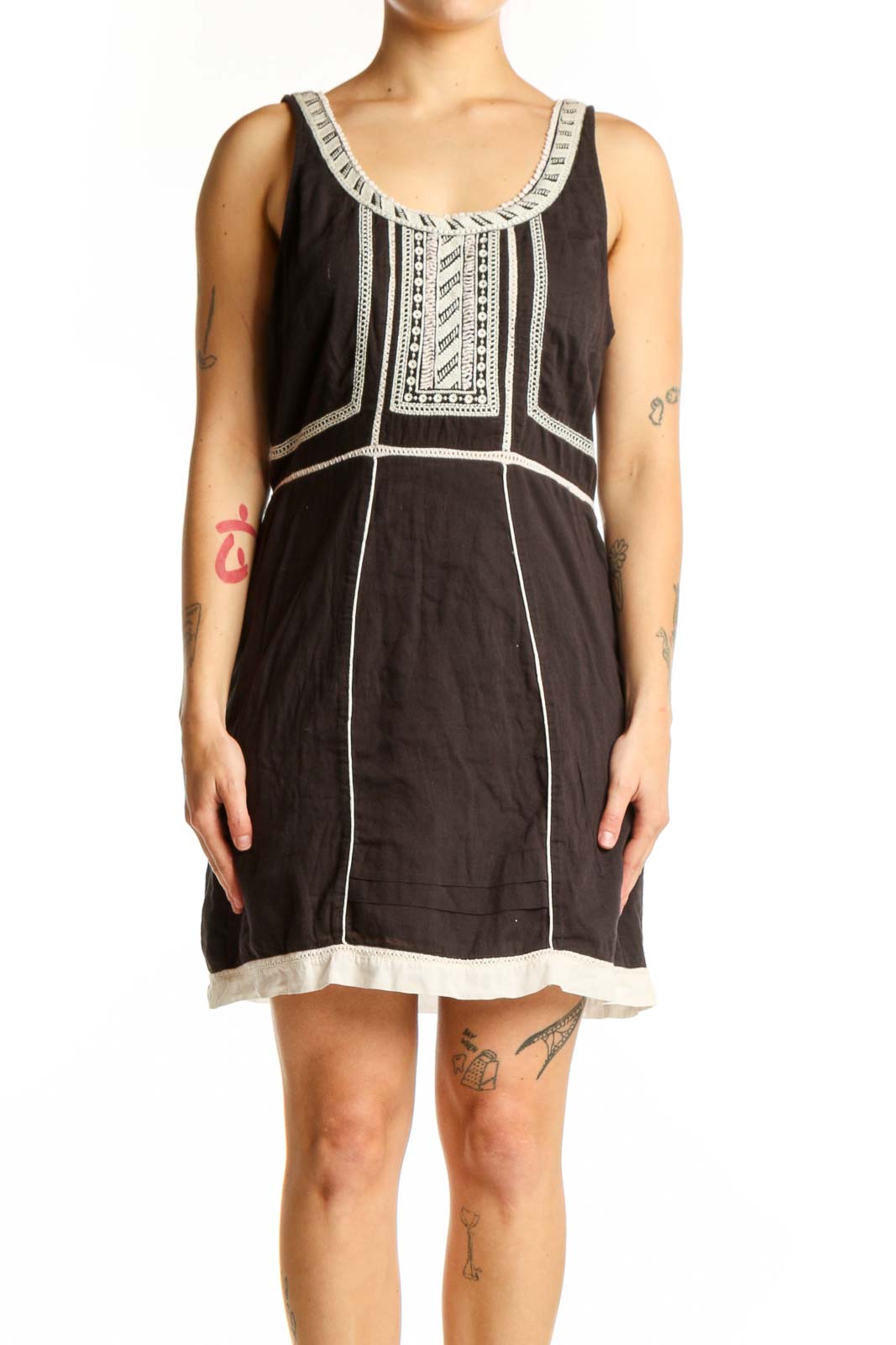 Black Cotton Embroidered A-Line Dress Front