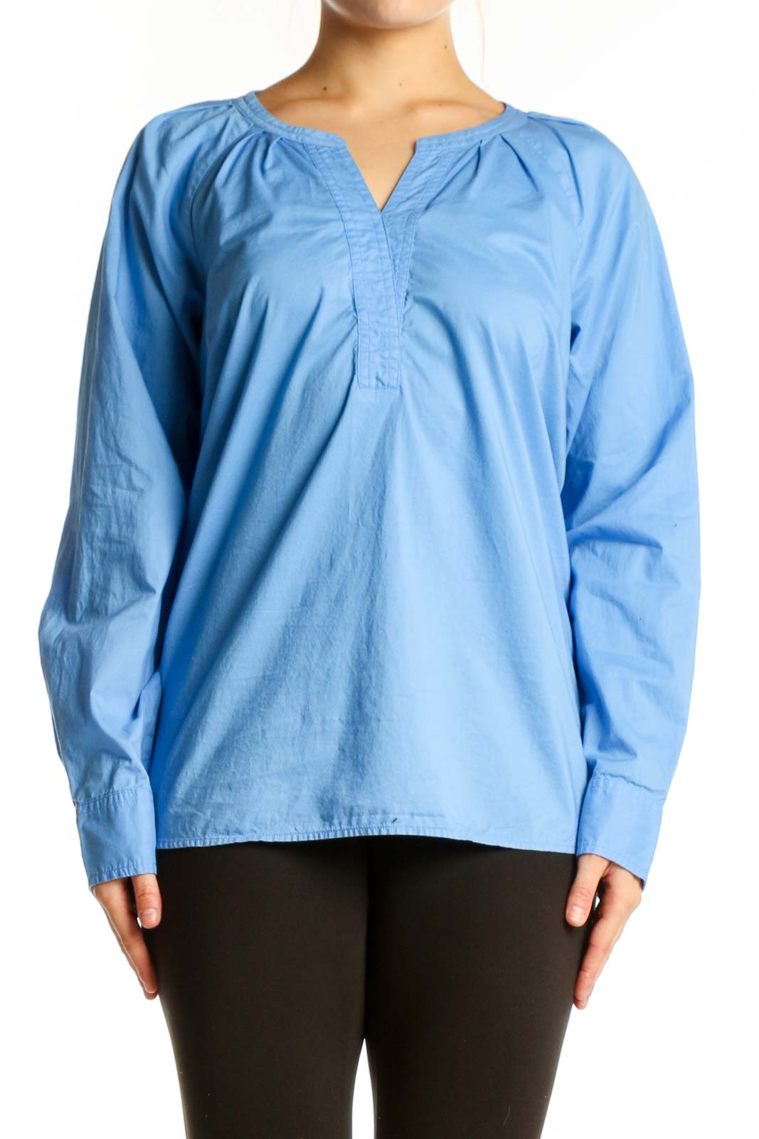 Blue Cotton Long Sleeve Henley Top Front