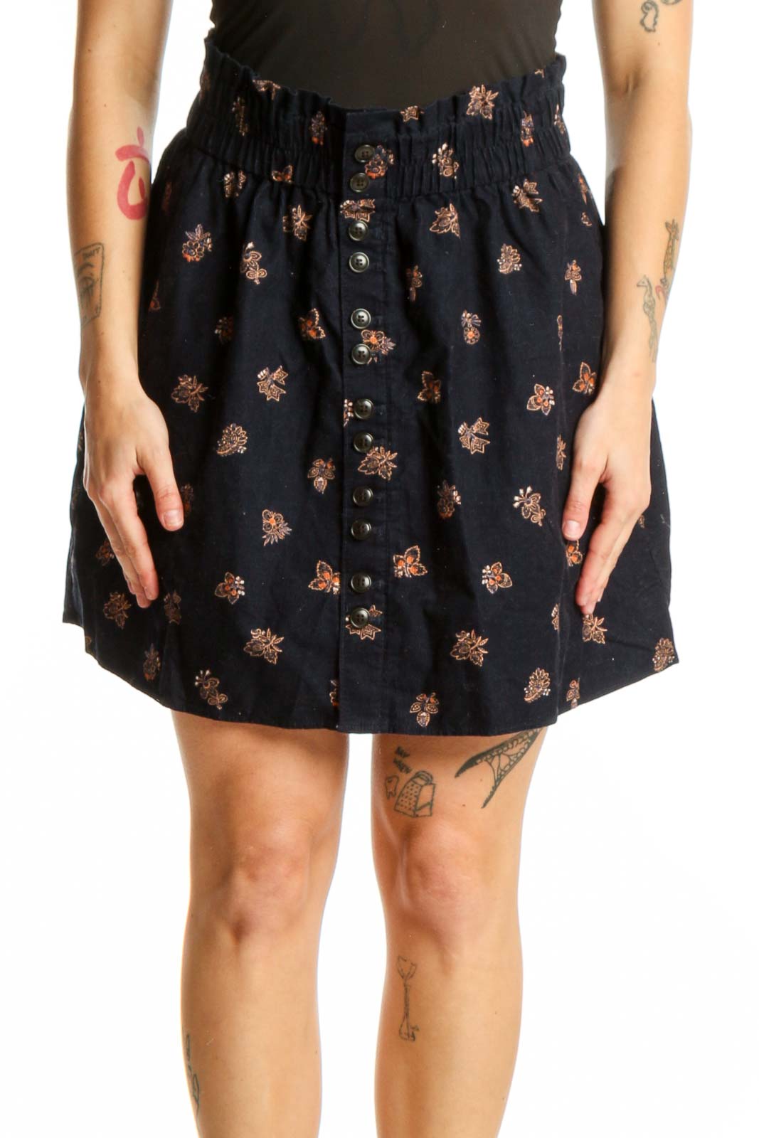 Navy Floral Button-Front Skirt Front