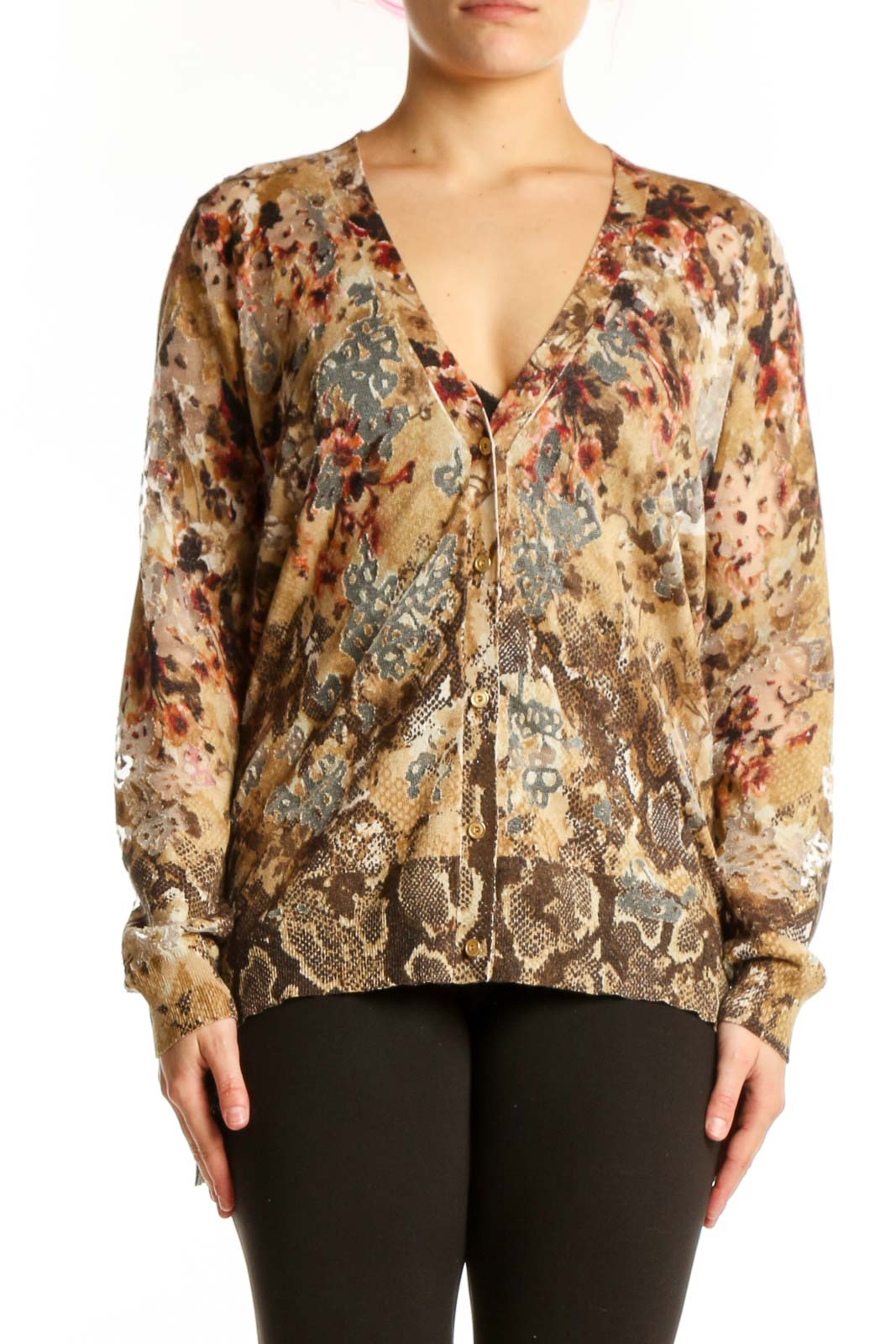 Beige Floral Cashmere Silk Blouse Front