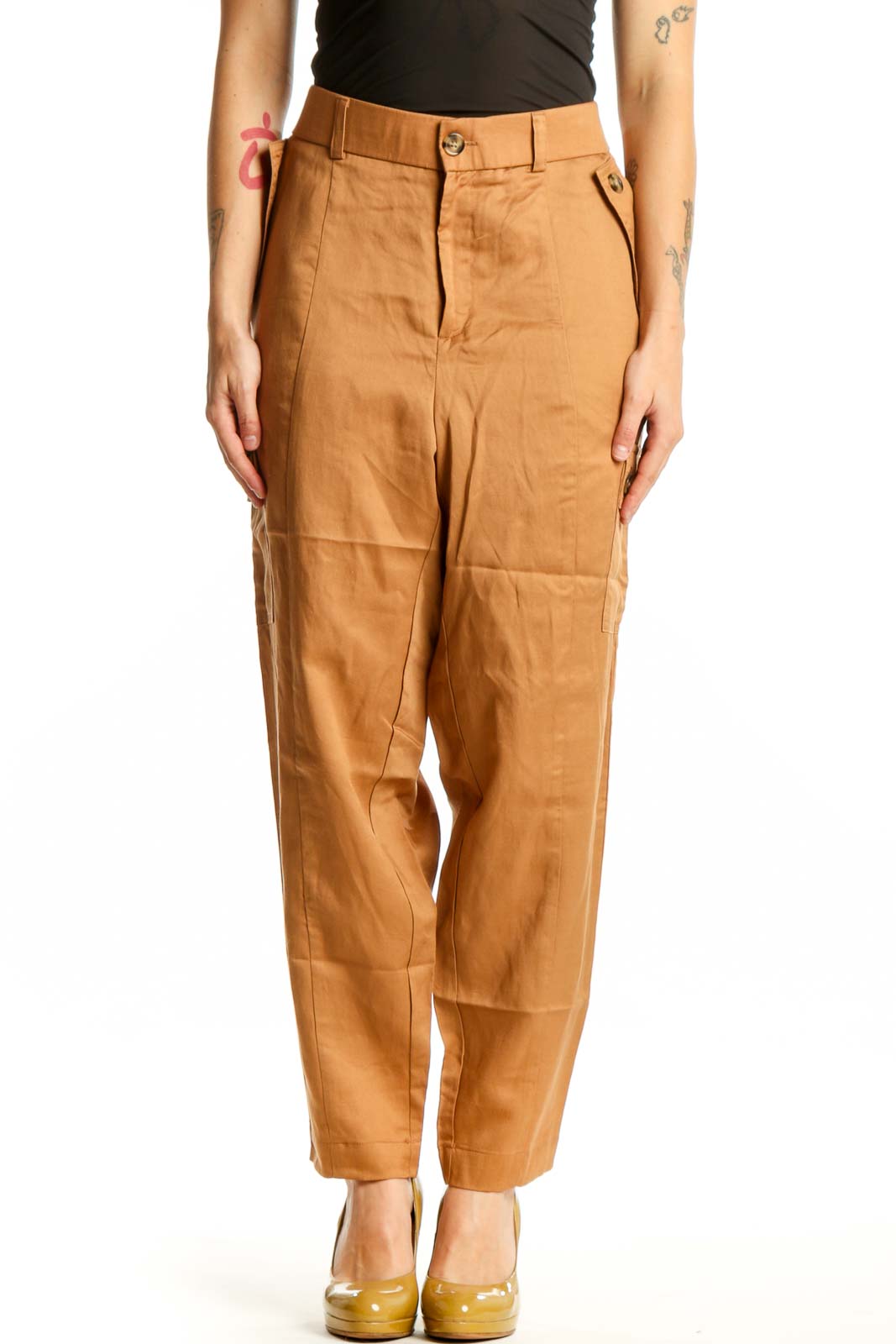 Camel Linen Cargo Pants with Pockets Front