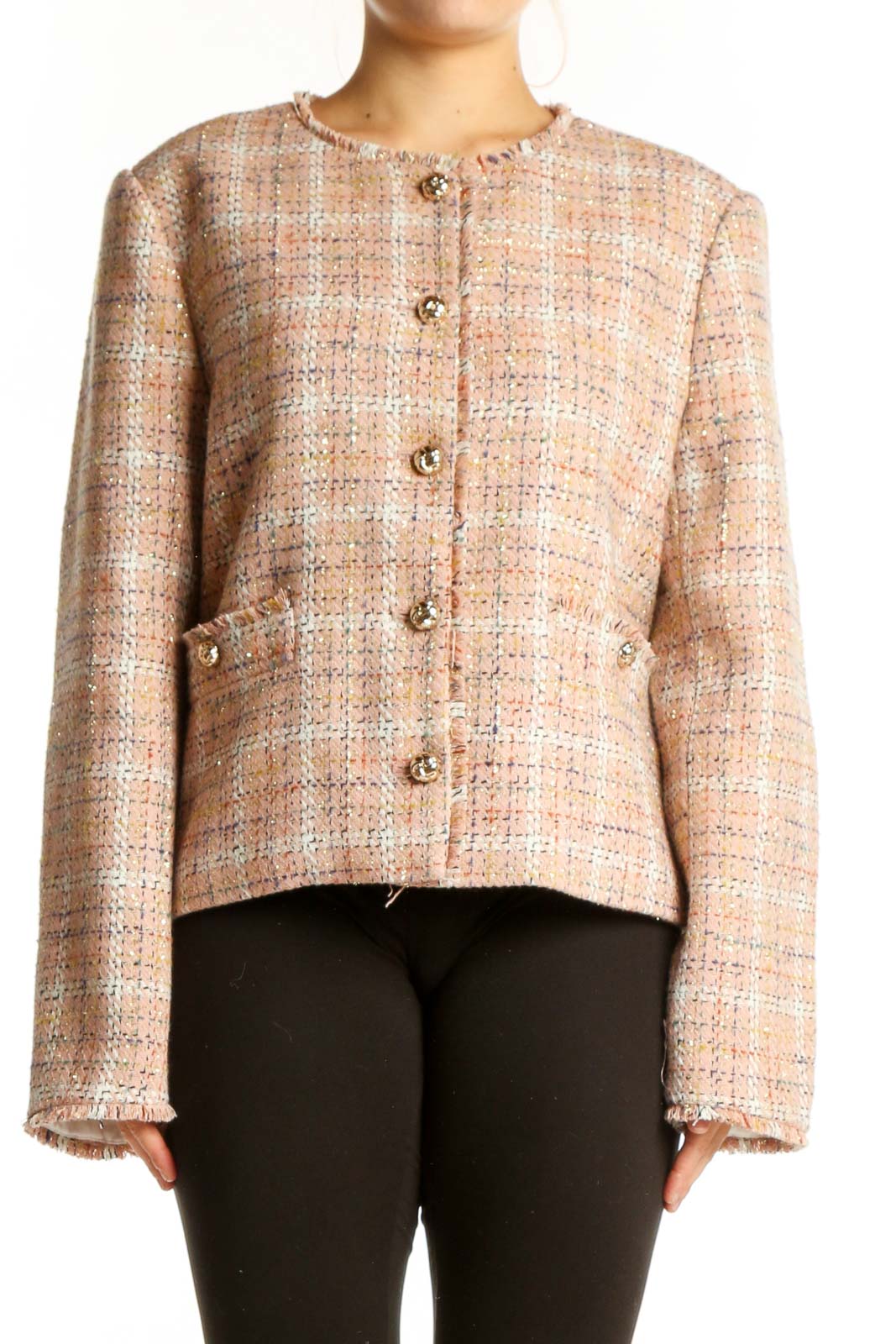 Beige Tweed Button-Front Blazer Jacket Front