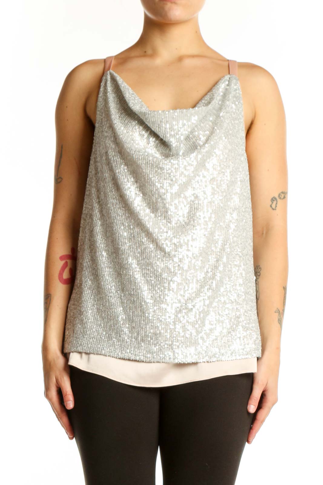 Silver Sequin Cowl Neck Camisole Top Front