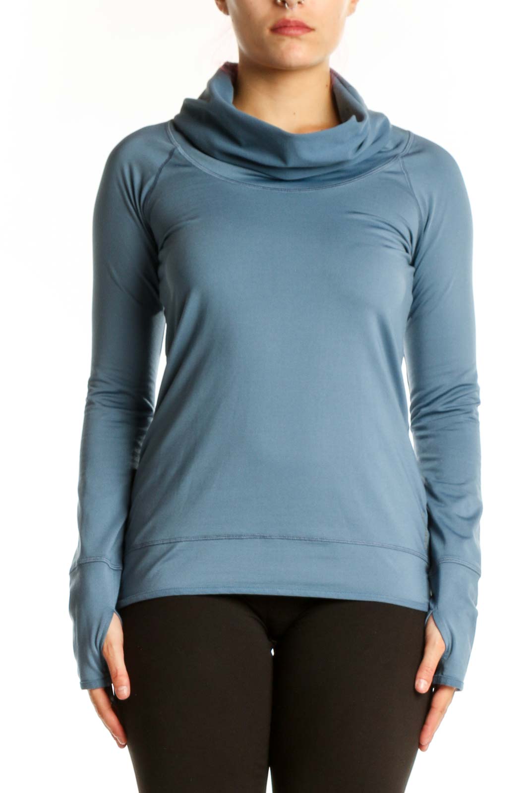 Blue Cowl Neck Activewear Top Front