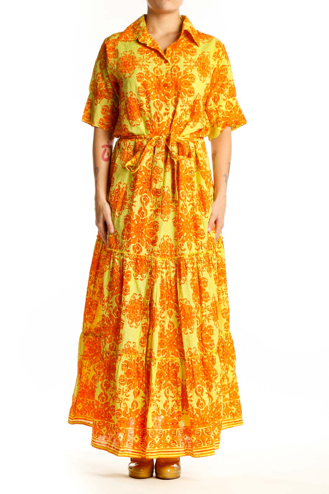 Yellow Orange Floral Cotton Maxi Dress Front