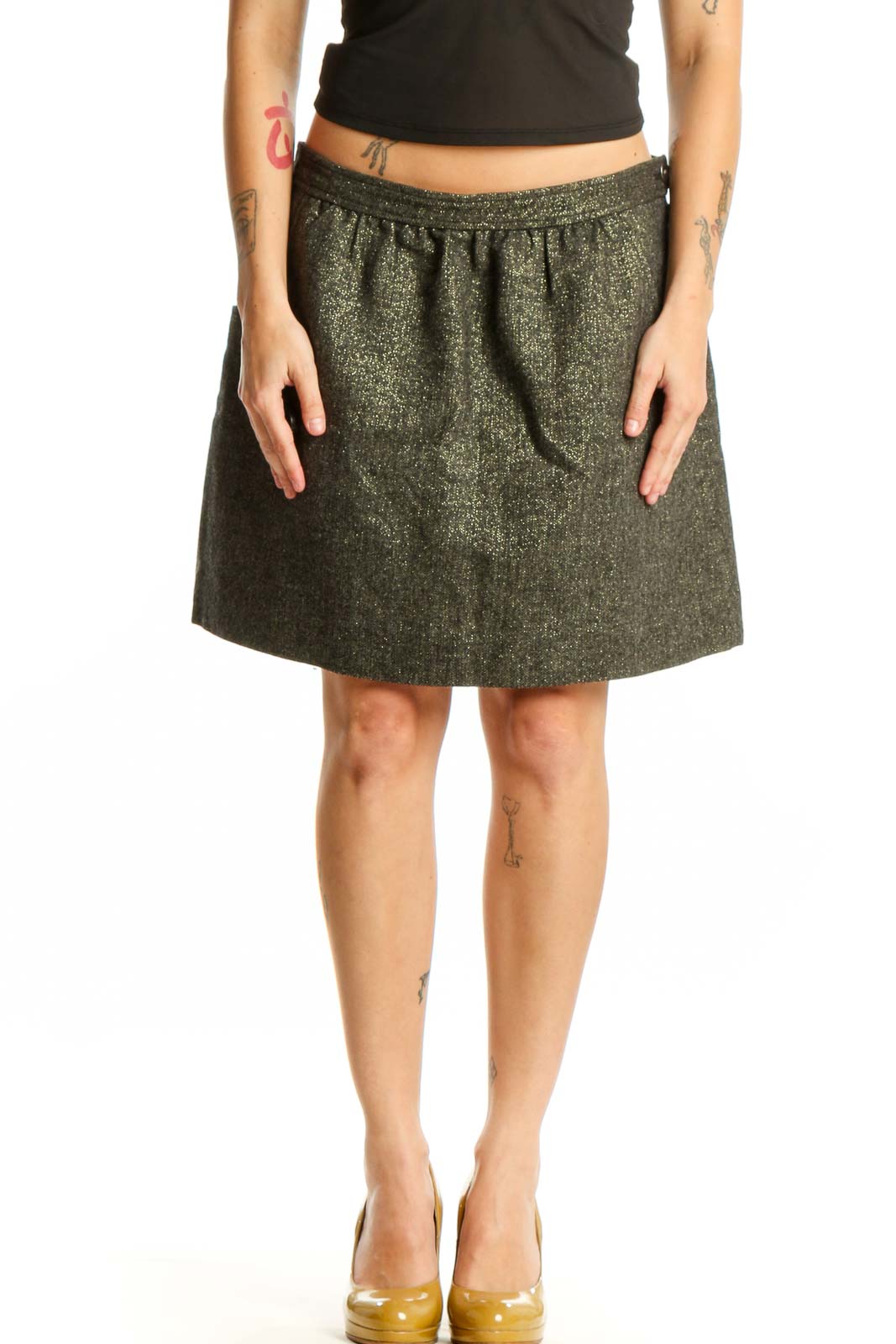 Olive Pleated A-Line Skirt Front
