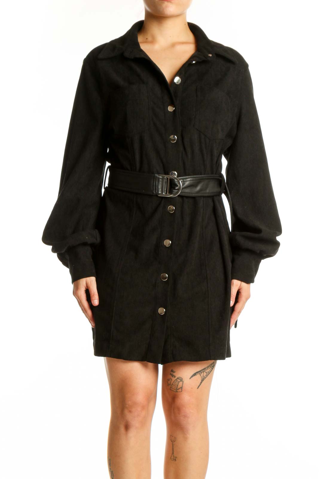 Black Button-Front Shirt Dress with Belt Front