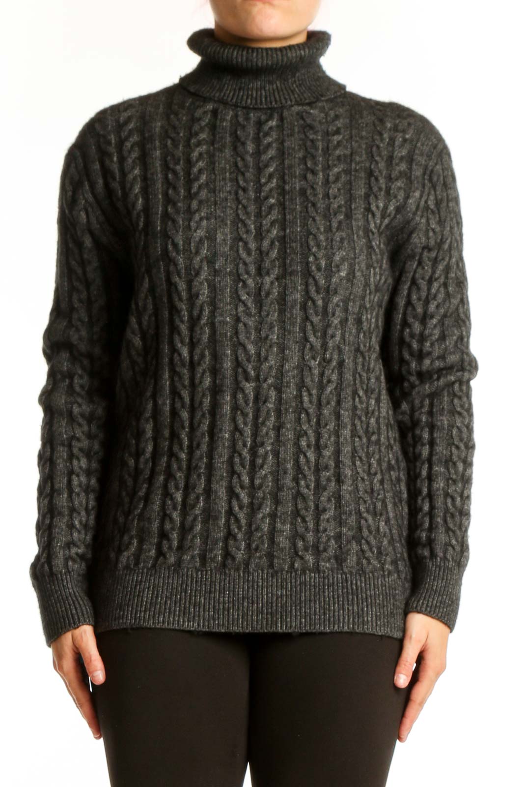 Charcoal Cable Knit Turtleneck Sweater Front