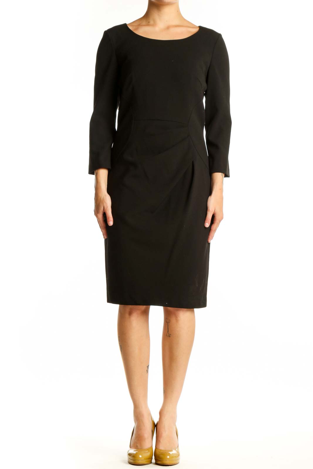 Black Long Sleeve Ruched Midi Dress Front