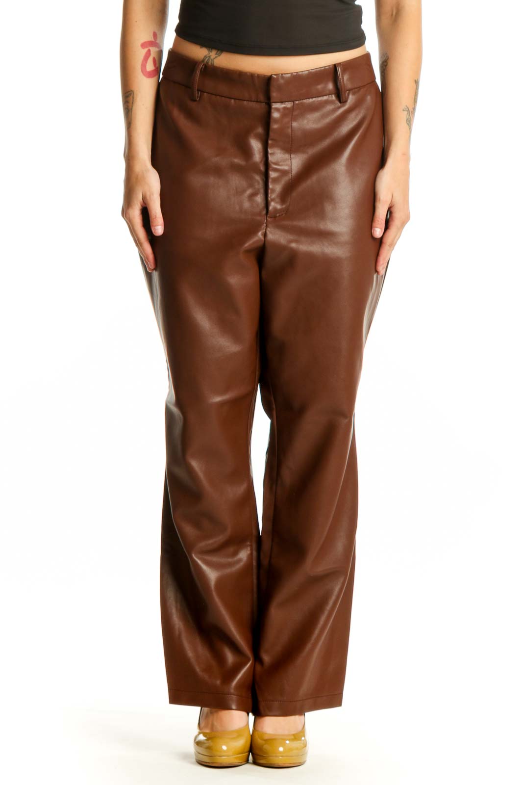 Brown Leather Straight Leg Pants Front