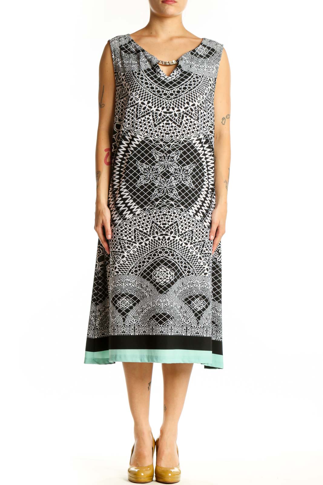 Black Geometric Print Midi Dress Size 2X Front