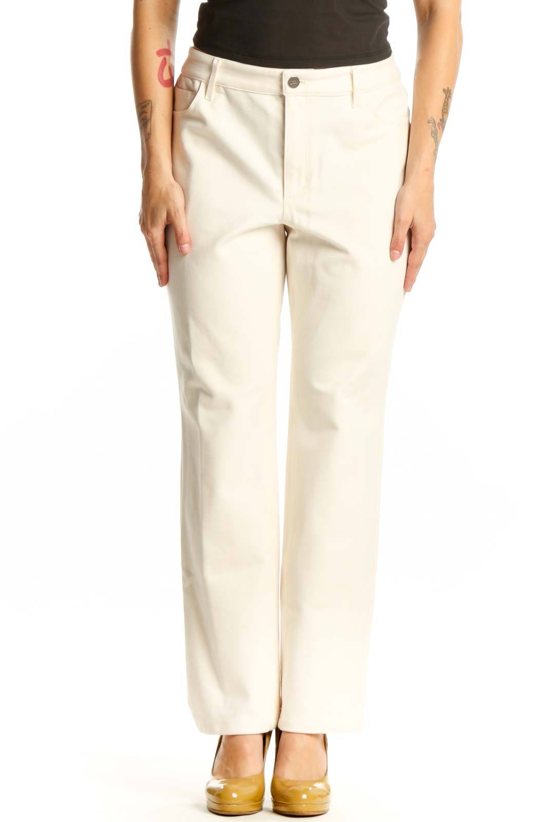 Cream Dress Pants with Stretch Fit Front