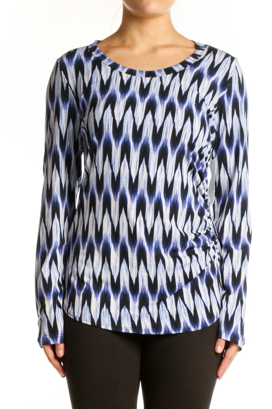 Navy Ikat Print Long Sleeve Top Front