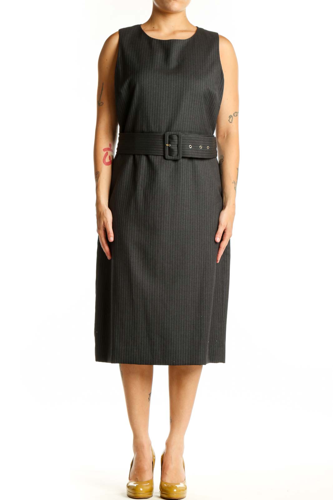 Black Pinstriped Wool Belted Midi Dress Front