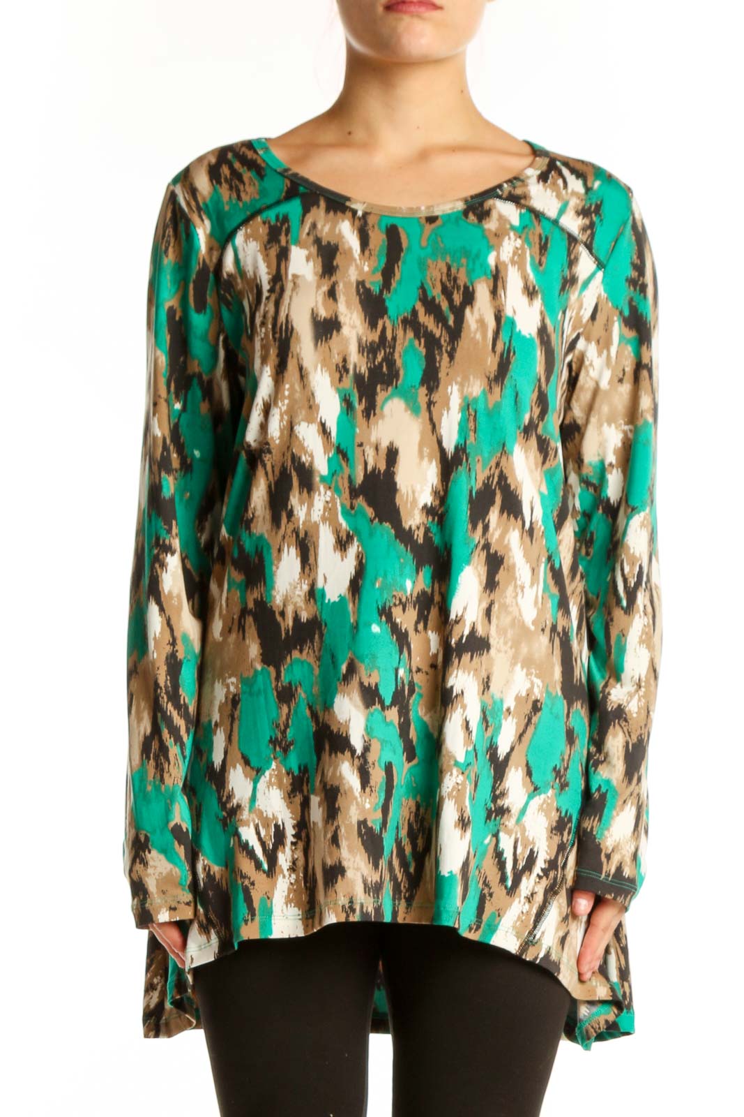 Green Abstract Print Long Sleeve Top Front