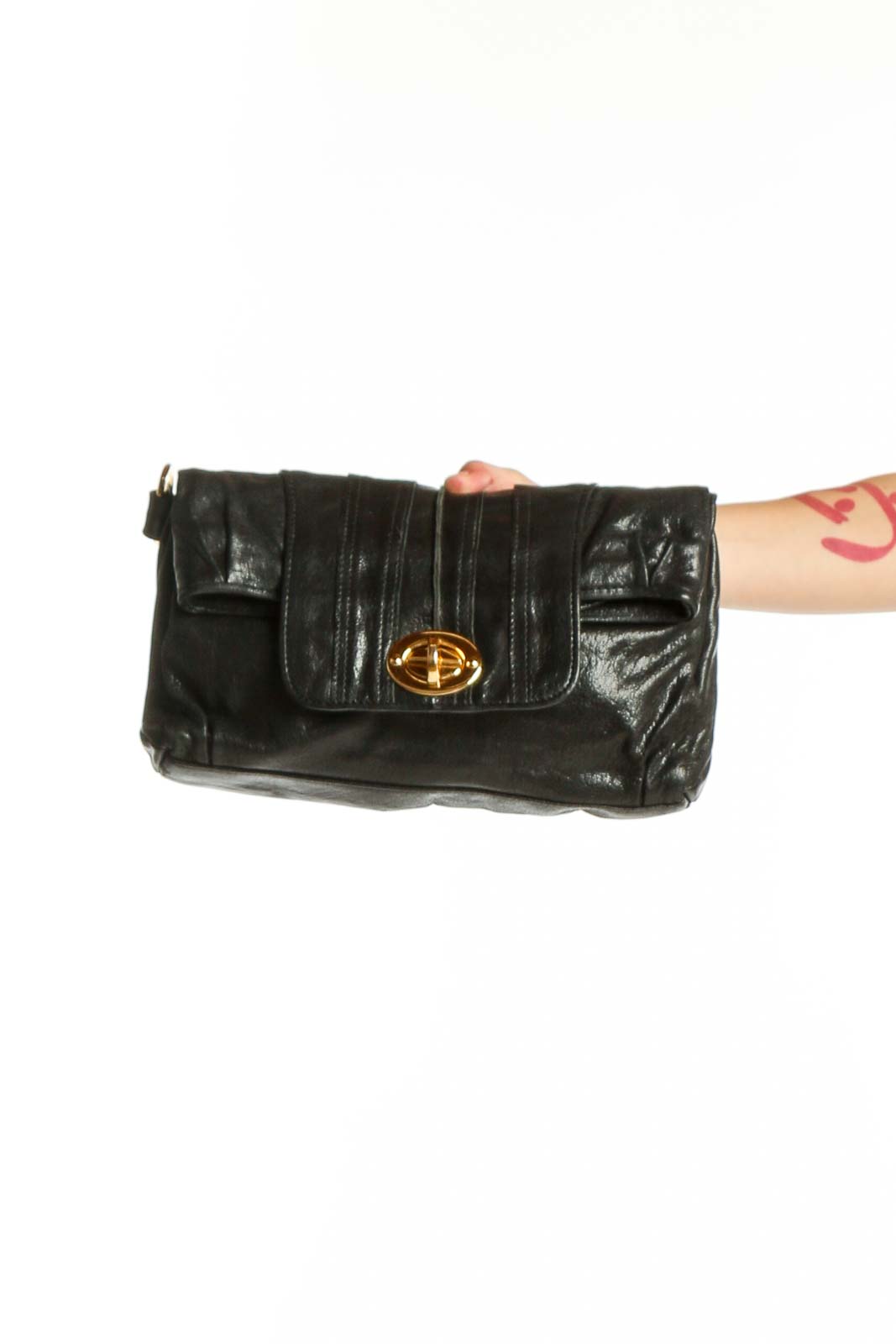 Black Quilted Leather Clutch with Gold Hardware Front