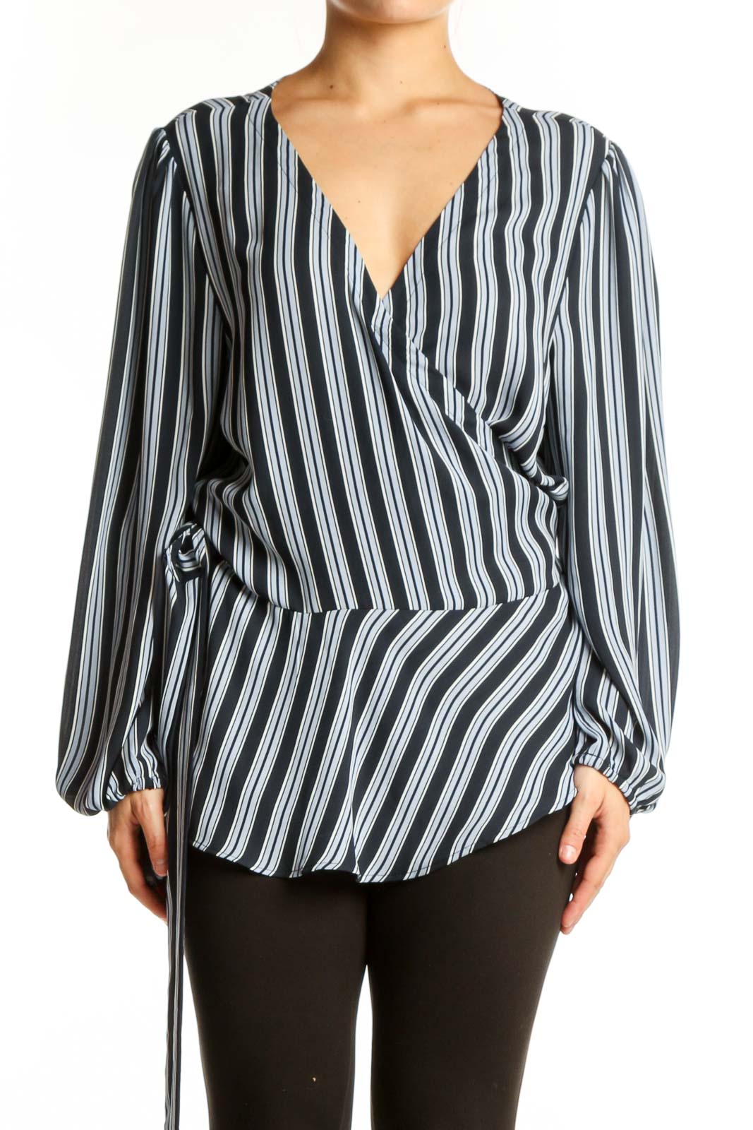 Navy Striped Wrap Blouse with Balloon Sleeves Front