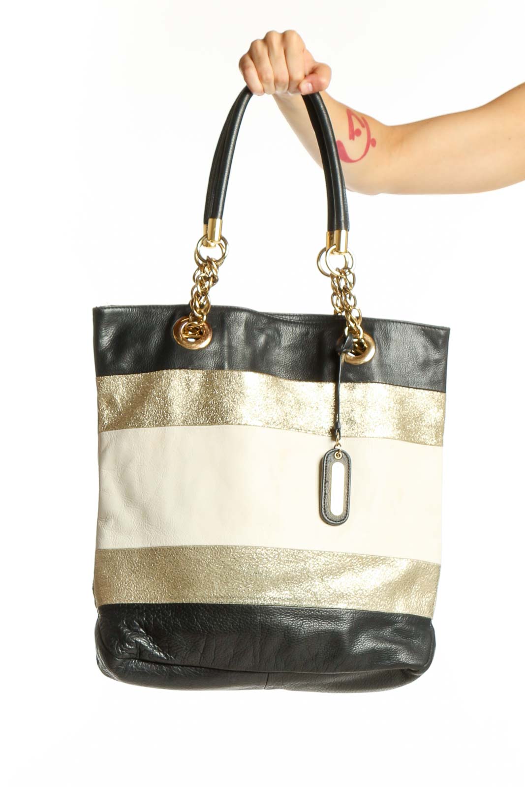 Black and Gold Striped Leather Tote Bag Front