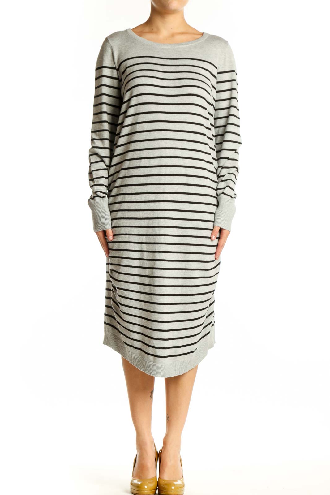 Gray Striped Long Sleeve Knit Dress Front