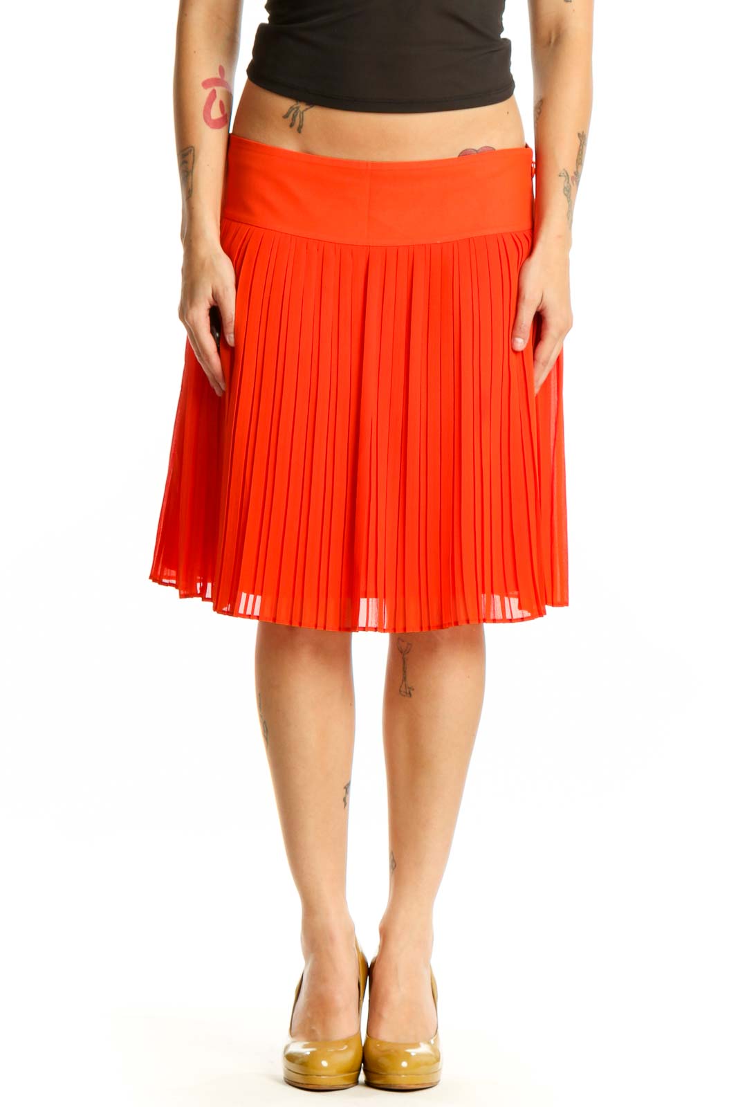 Red Pleated Knee-Length Skirt Front