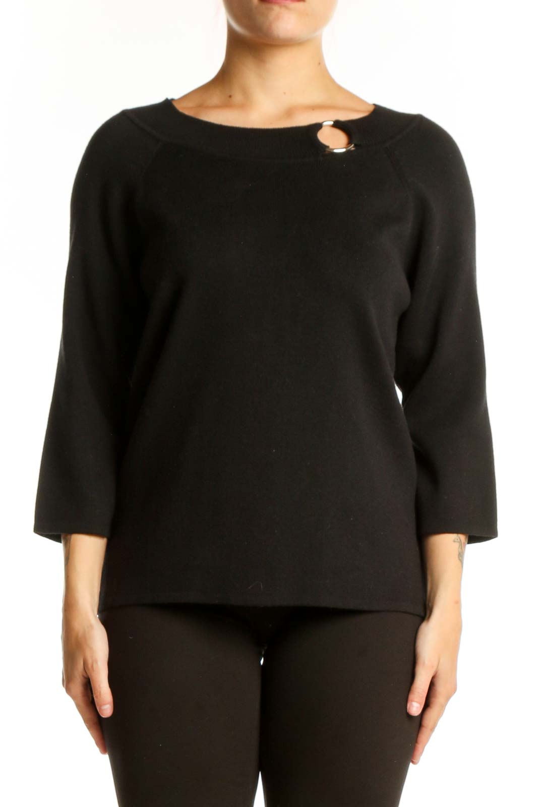Black Cotton 3/4 Sleeve Top with Keyhole Detail Front
