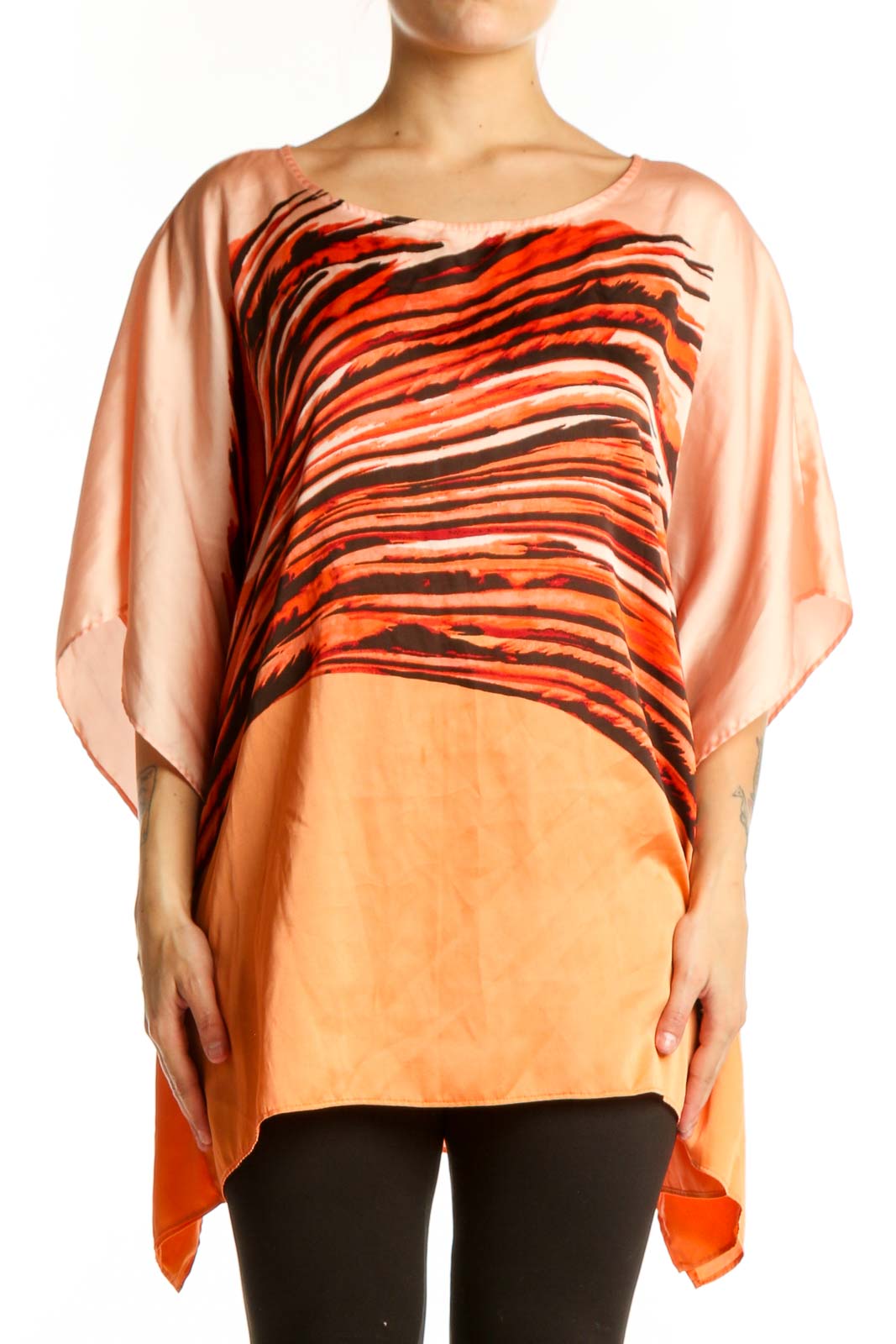 Orange Striped Polyester Caftan Top Front