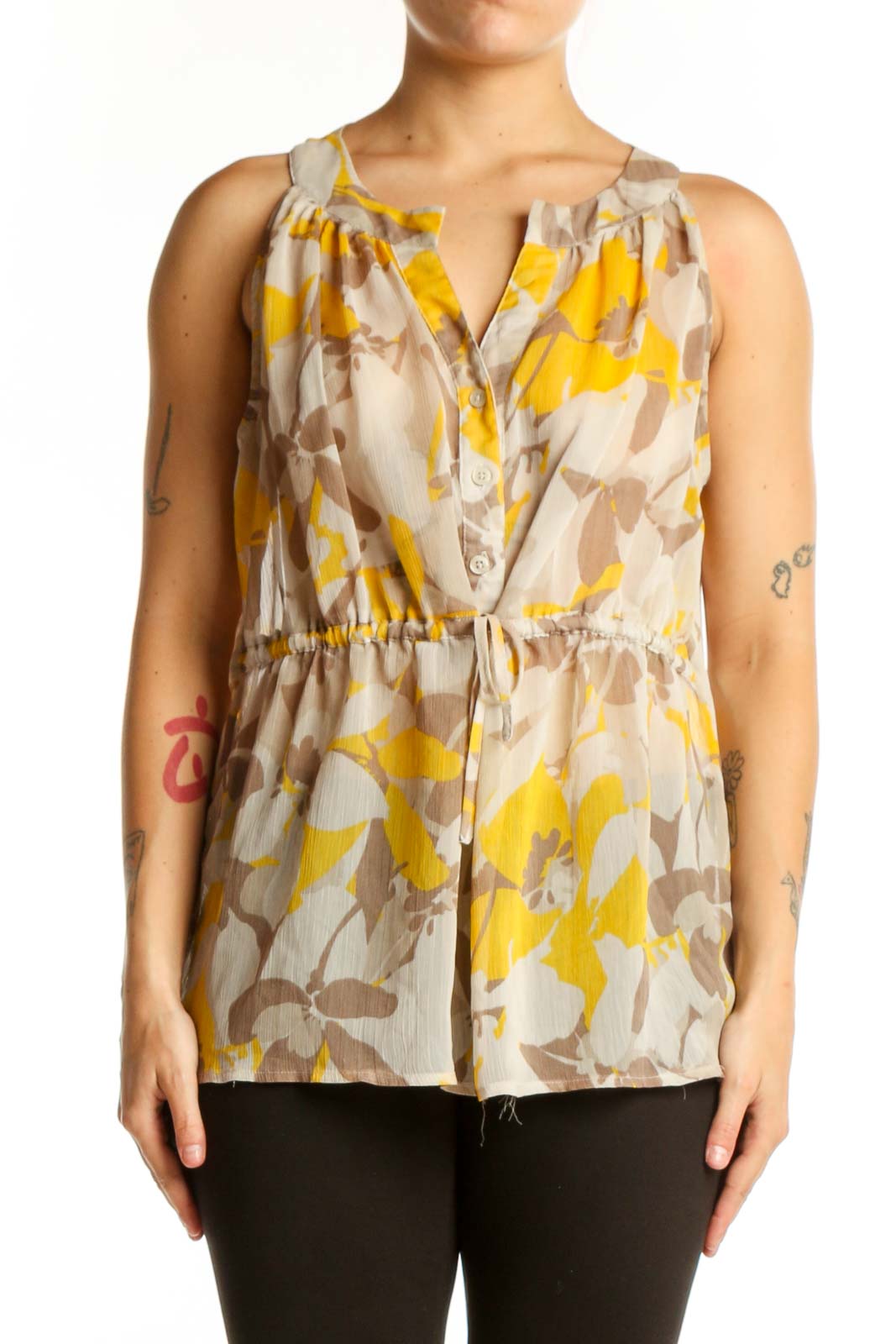Yellow Floral Sleeveless Polyester Top Front