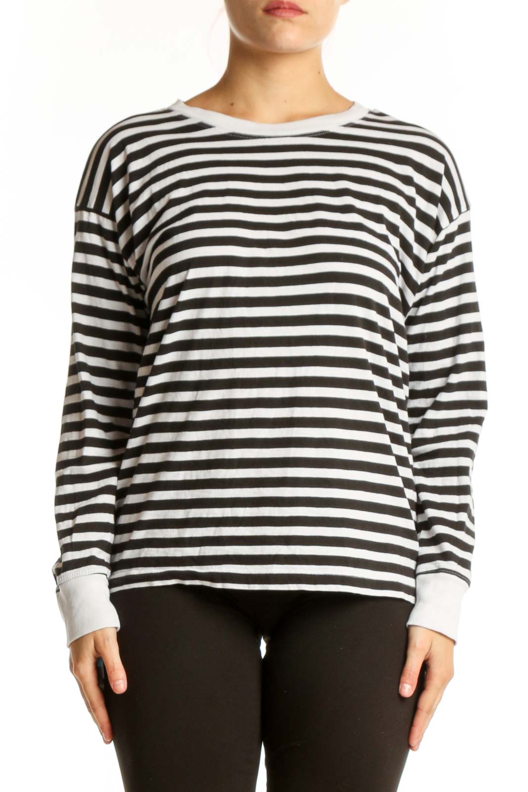 Black and White Striped Cotton Long Sleeve Top Front