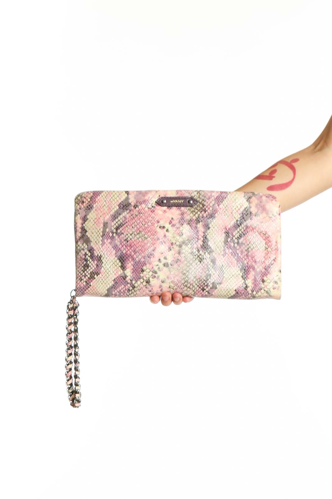 Pink Python Print Clutch with Chain Strap Front