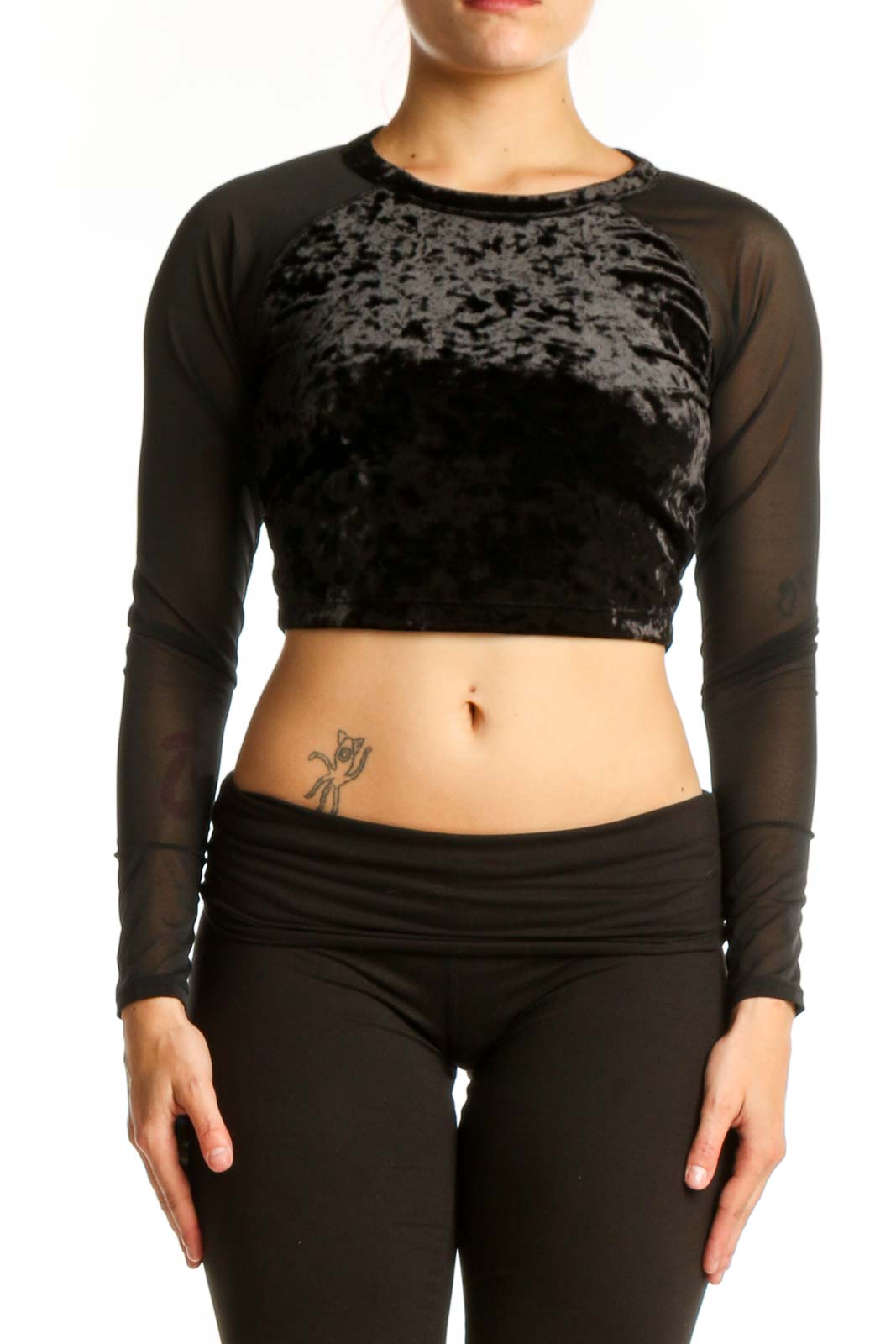 Black Velvet Crop Top with Mesh Sleeves Front